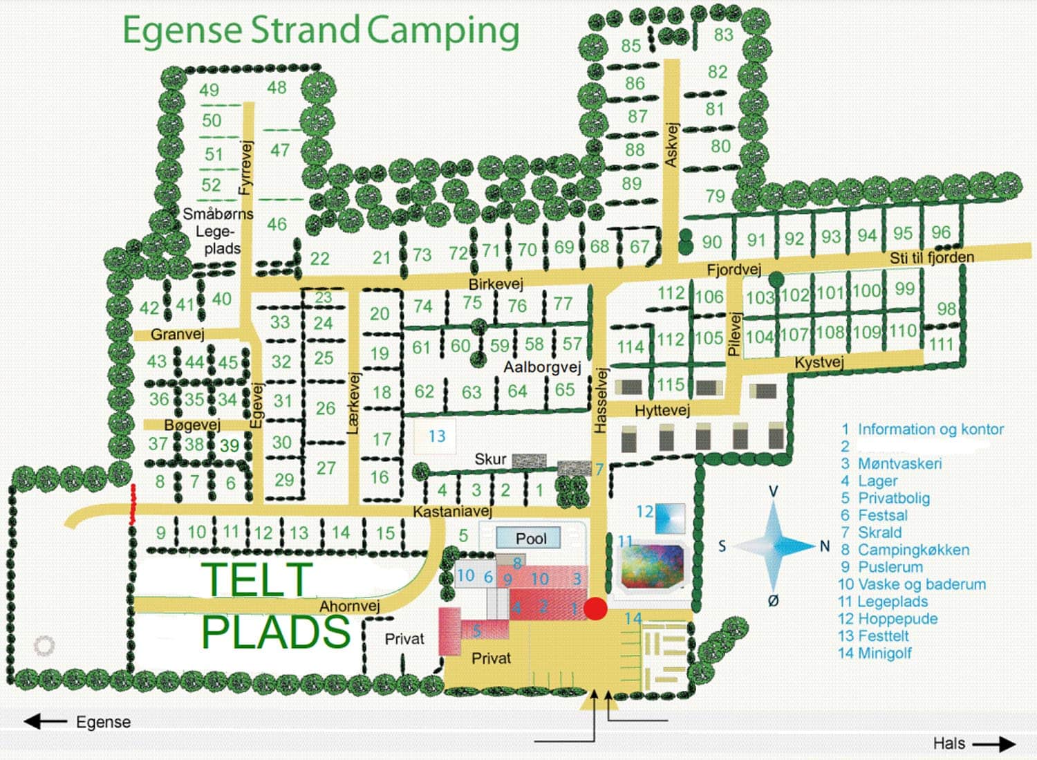 Kort over Egens Strand Camping med faciliteter og pladser