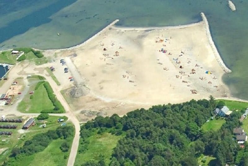 Luftfoto af sandstrand ved kysten med badegæster